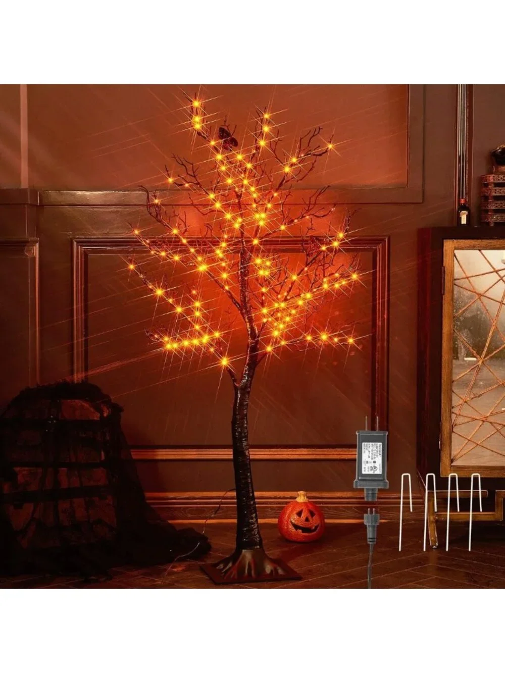 Glittery Black Halloween Tree with 150 Orange Fairy Lights for Indoor/Outdoor